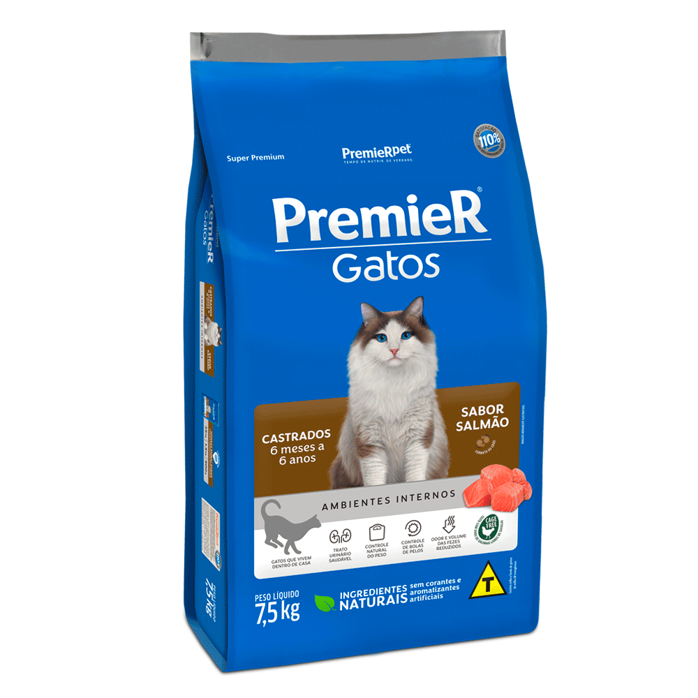 Ração Premier Ambientes Internos Gatos Castrados 6 Meses a 6 Anos Salmão 7,5 kg