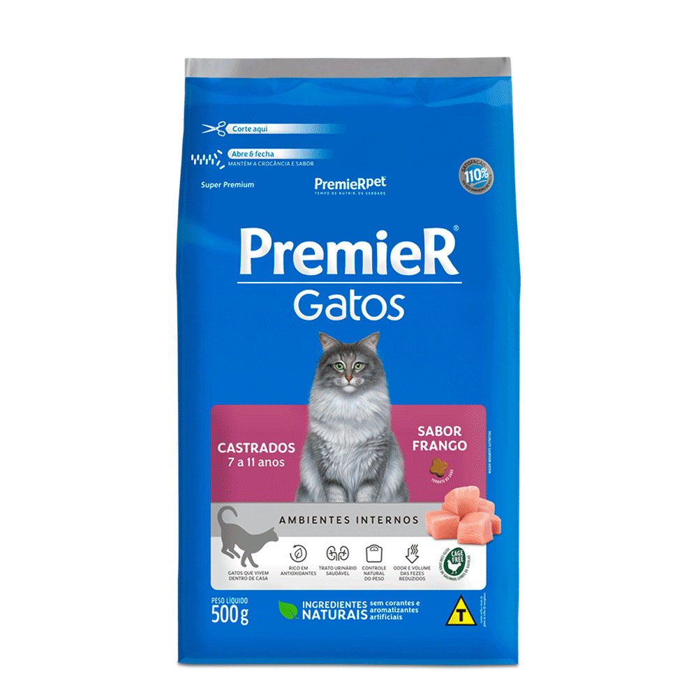 Ração Premier Ambientes Internos Gatos Castrados 7 a 11 Anos Frango 500 g