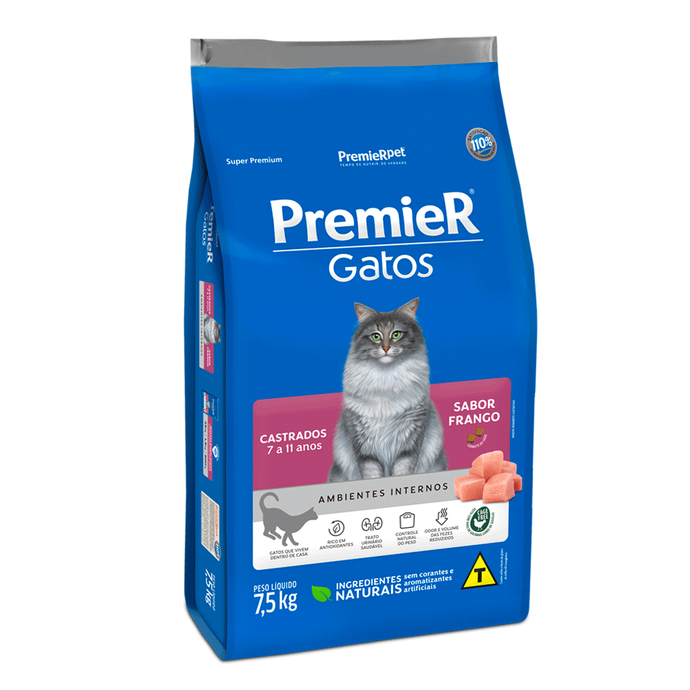 Ração Premier Ambientes Internos Gatos Castrados 7 a 11 Anos Frango 7,5kg