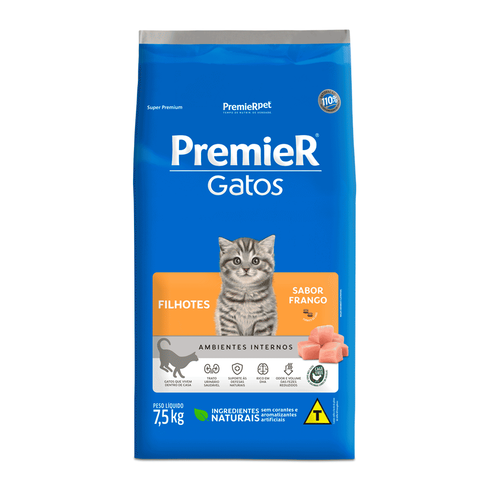 Ração Premier Gatos Filhotes Ambientes Internos Frango 7,5kg