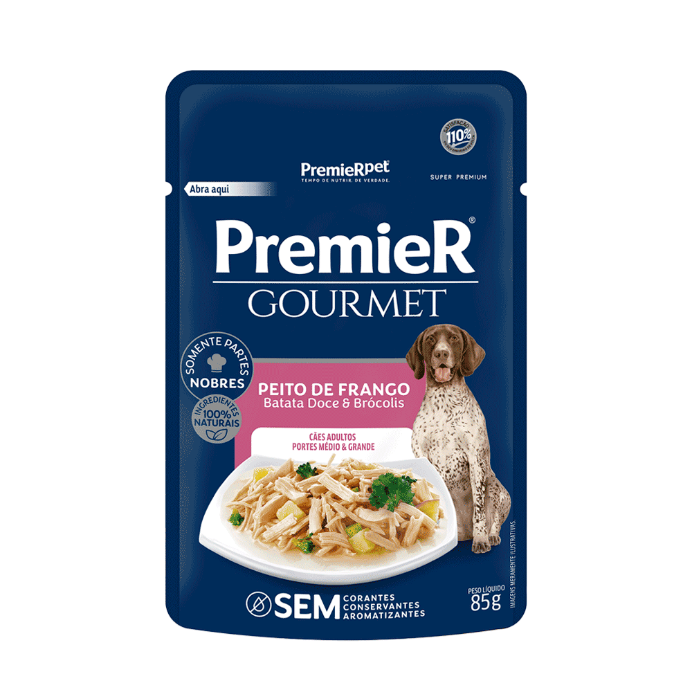 Ração Úmida Premier Gourmet Cães Adultos Portes Médio e Grande Peito de Frango, Batata Doce e Brócolis 85 g